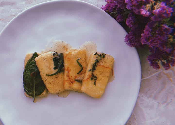 tofu con erbette e crema al limone